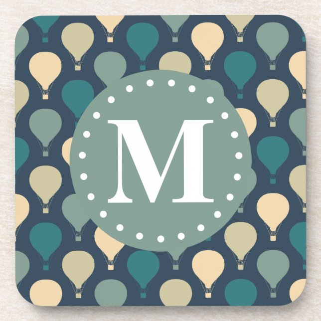 Blue Retro Hot Air Balloon Pattern Monogram Coaster (Front)