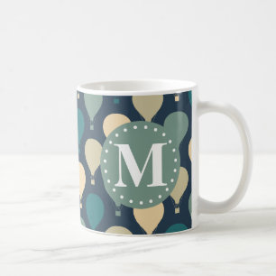 Blue Retro Hot Air Balloon Pattern Monogram Coffee Mug