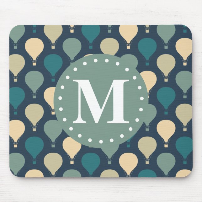 Blue Retro Hot Air Balloon Pattern Monogram Mouse Mat (Front)