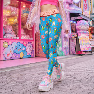 Blue Retro Japanese Maneki Neko Cat and Geisha Leggings