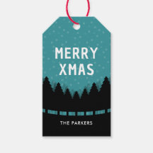 Blue retro Merry Xmas with pine trees and snow