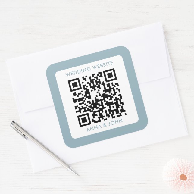 blue retro modern minimalist wedding qr code square sticker (Envelope)