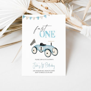 Blue Retro Race Car Ride-On Birthday Invitation 