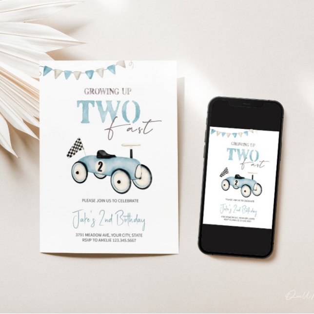 Blue Retro Race Car Ride-On Birthday Invitation  (Creator Uploaded)