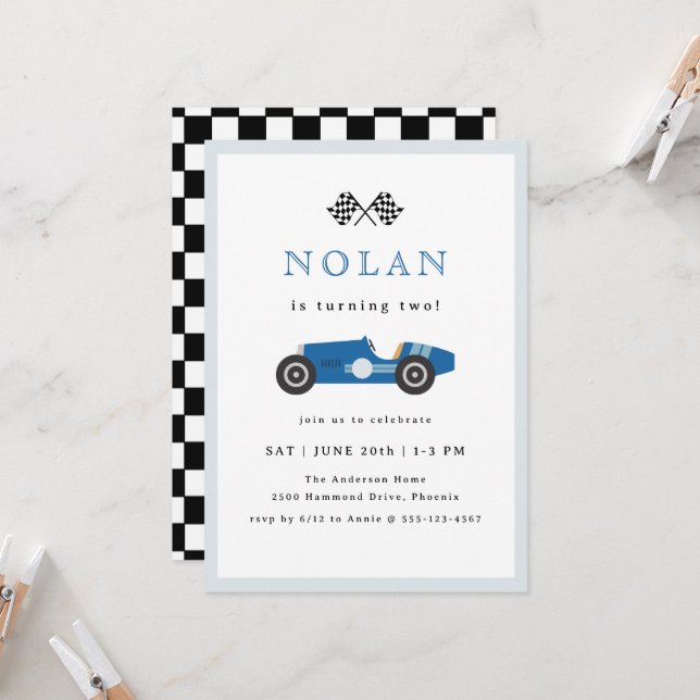 Blue Retro Race Car Theme Birthday Invitation (Front/Back In Situ)