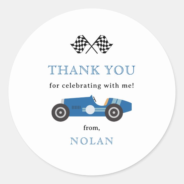 Blue Retro Race Car Theme Thank You Classic Round Sticker (Front)