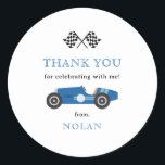 Blue Retro Race Car Theme Thank You Classic Round Sticker<br><div class="desc">Cute Retro Race Car theme,  birthday party thank you favour sticker.</div>
