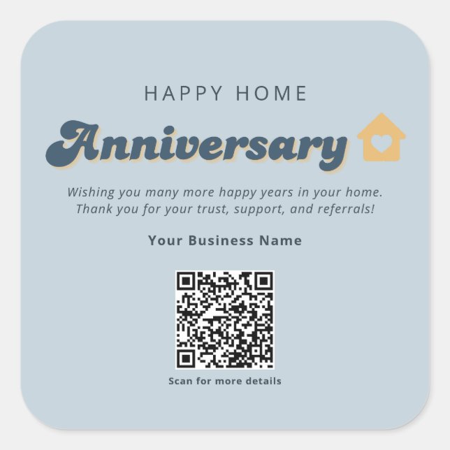 Blue Retro Real Estate Home Anniversary QR Code  Square Sticker (Front)