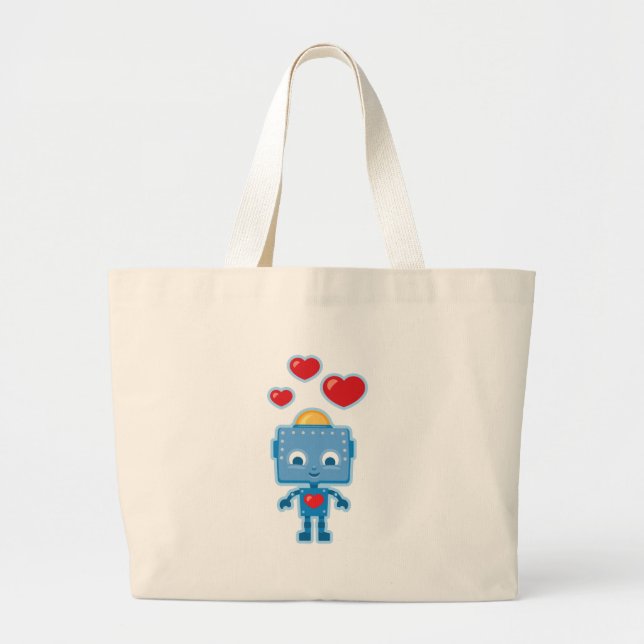 Blue retro robot Art Large Tote Bag (Front)
