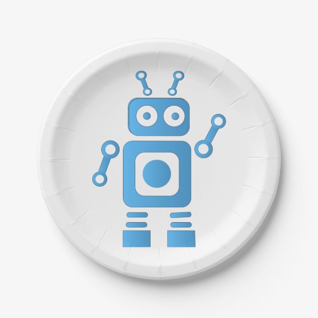 Blue Retro Robot Paper Plate (Front)