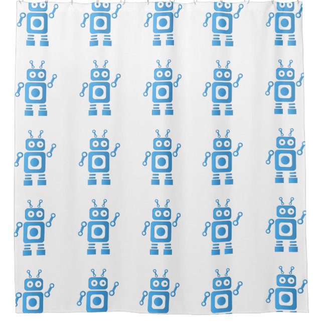 Blue Retro Robot Shower Curtain (Front)