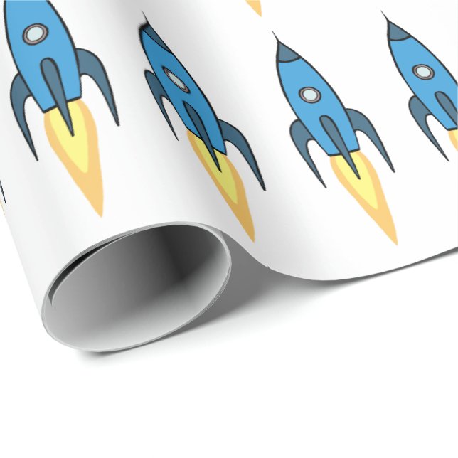 Blue Retro Rocket Ship Outer Space Birthday Boy Wrapping Paper (Roll Corner)