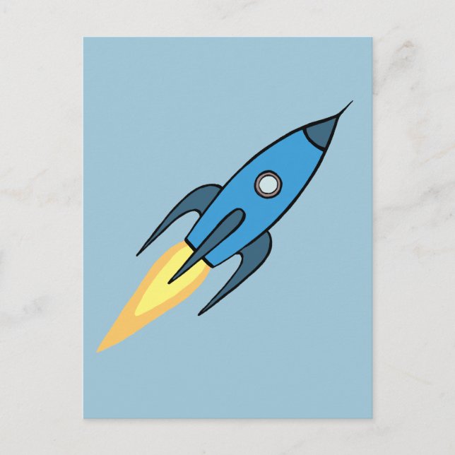 Blue Retro Rocket Ship Outer Space Simple Modern Postcard (Front)