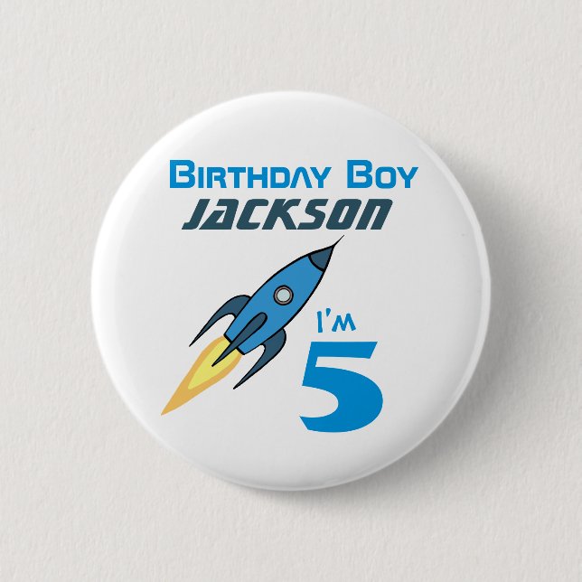 Blue Retro Rocket Ship Personalised Birthday Boy 6 Cm Round Badge (Front)