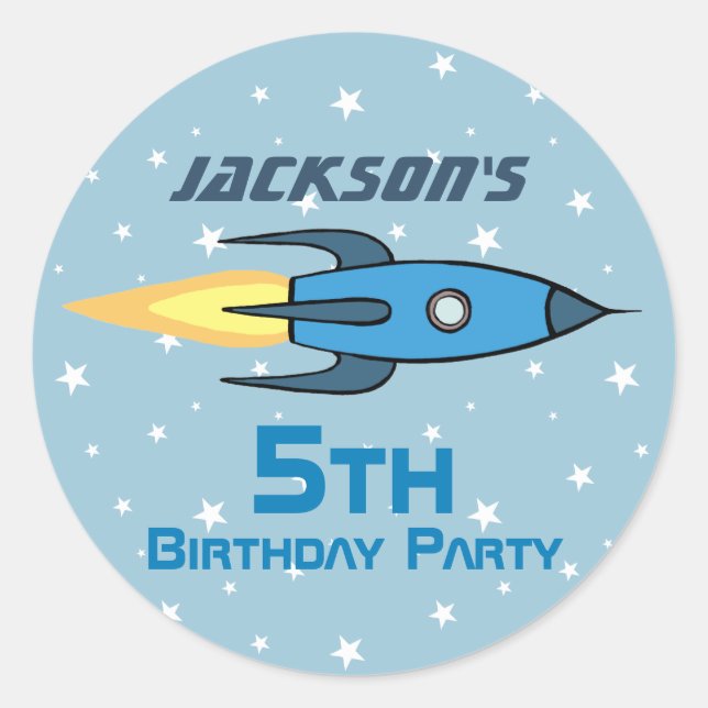 Blue Retro Rocket Ship Personalised Birthday Boy Classic Round Sticker (Front)