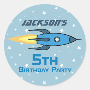 Blue Retro Rocket Ship Personalised Birthday Boy Classic Round Sticker