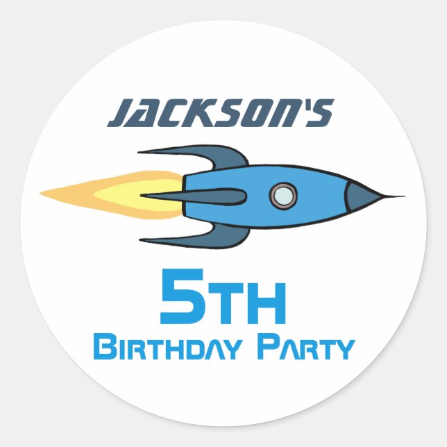 Blue Retro Rocket Ship Personalised Birthday Boy Classic Round Sticker (Front)