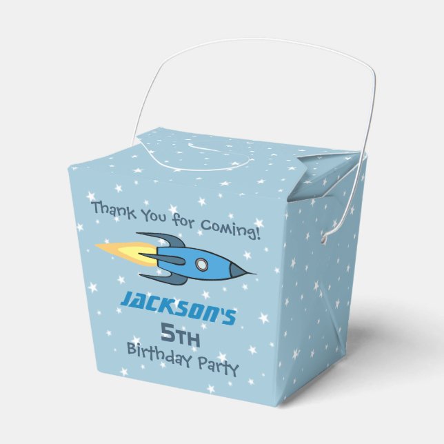 Blue Retro Rocket Ship Personalised Birthday Boy Favour Box (Front Side)