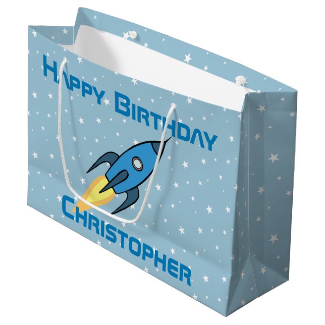Blue Retro Rocket Ship Personalised Birthday Boy Large Gift Bag (Front Angled)