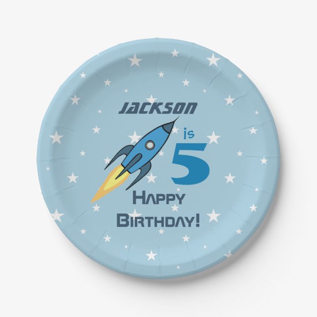 Blue Retro Rocket Ship Personalised Birthday Boy Paper Plate (Front)