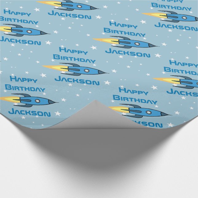 Blue Retro Rocket Ship Personalised Birthday Boy Wrapping Paper (Corner)