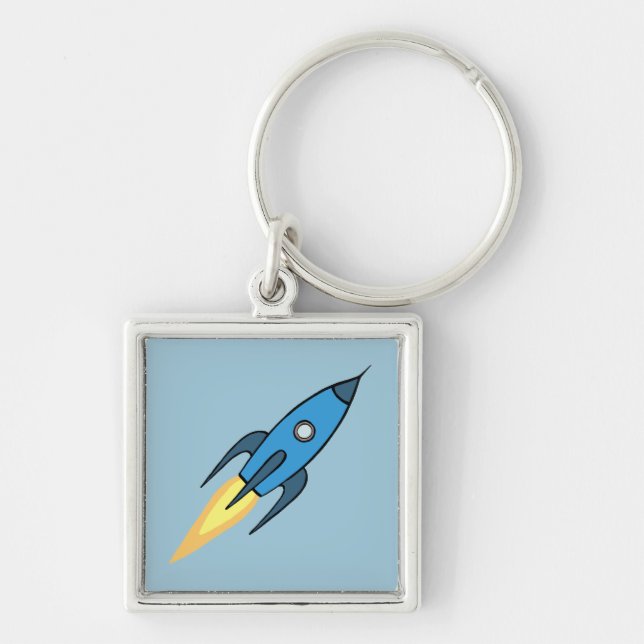 Blue Retro Rocket Ship Simple Modern Outer Space Key Ring (Front)