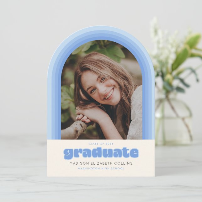 Blue Retro Striped Arch Graduation Announcement (Standing Front)