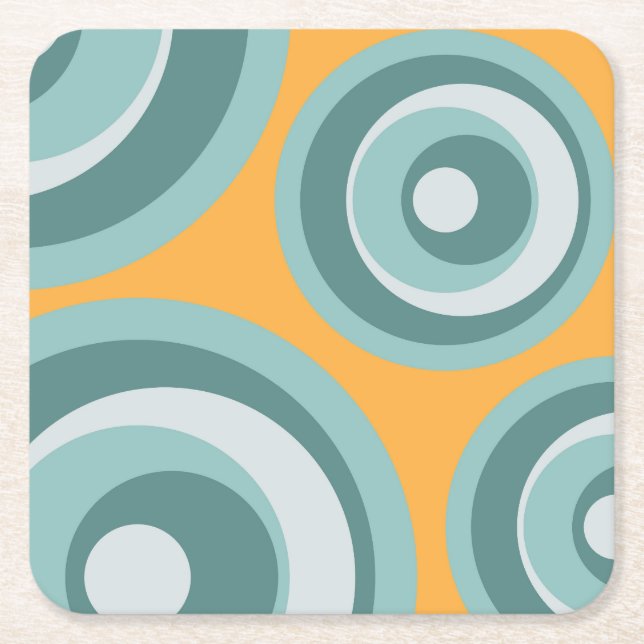 Blue retro style circles on yellow background square paper coaster (Front)