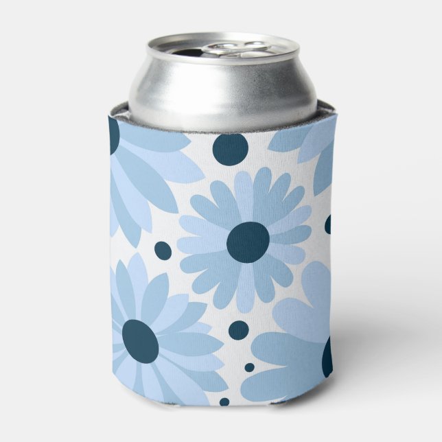 Blue retro style daisies and dark blue dots can cooler (Can Front)