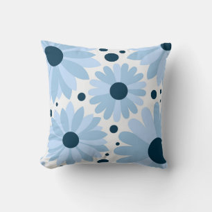 Blue retro style daisies and dark blue dots cushion