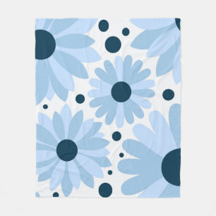 Blue retro style daisies and dark blue dots fleece blanket