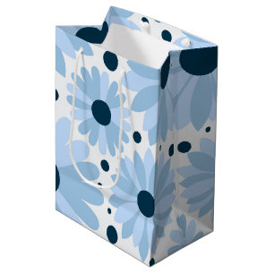 Blue retro style daisies and dark blue dots medium gift bag