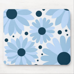 Blue retro style daisies and dark blue dots mouse mat