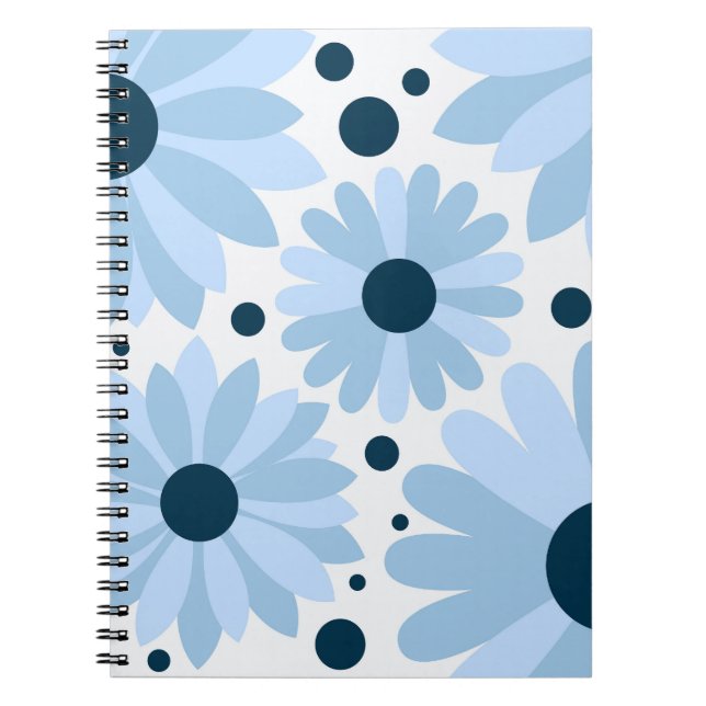 Blue retro style daisies and dark blue dots notebook (Front)