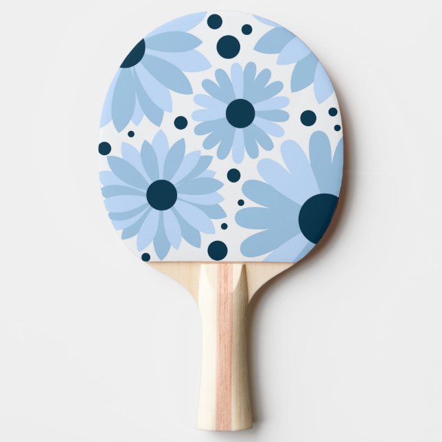 Blue retro style daisies and dark blue dots ping pong paddle (Front)