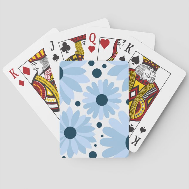 Blue retro style daisies and dark blue dots playing cards (Back)