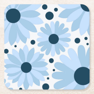 Blue retro style daisies and dark blue dots square paper coaster