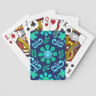 Blue Retro Style Floral and Sun Symbol Pattern Playing Cards