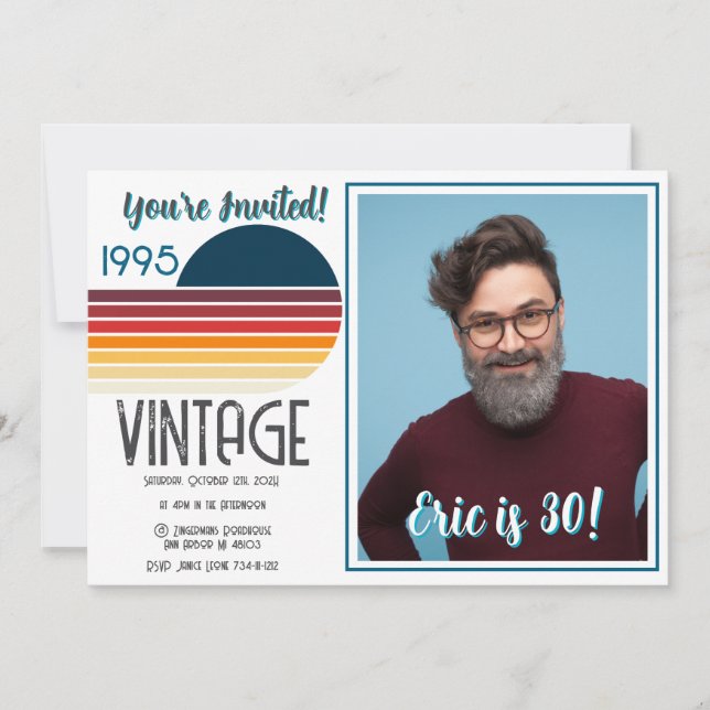 Blue Retro Sun 1995 Photo 30th Birthday  Holiday Card (Front)