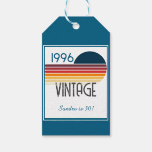 Blue Retro Sun 1996 Photo 30th Birthday Stripe Gift Tags