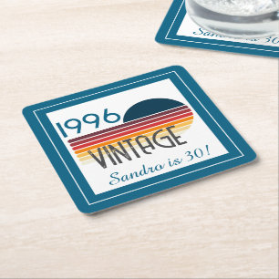 Blue Retro Sun 1996 Photo 30th Birthday Stripe Square Paper Coaster