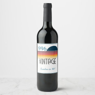 Blue Retro Sun 1996 Photo 30th Birthday Stripe  Wine Label