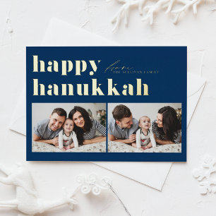 Blue Retro Typography Happy Hanukkah Two Photo Foil Holiday Card