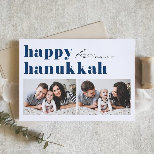 Blue Retro Typography Happy Hanukkah Two Photo Holiday Card (Creator Uploaded)
