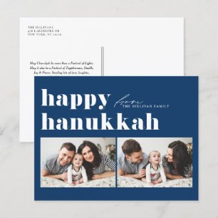 Blue Retro Typography Happy Hanukkah Two Photo Holiday Postcard