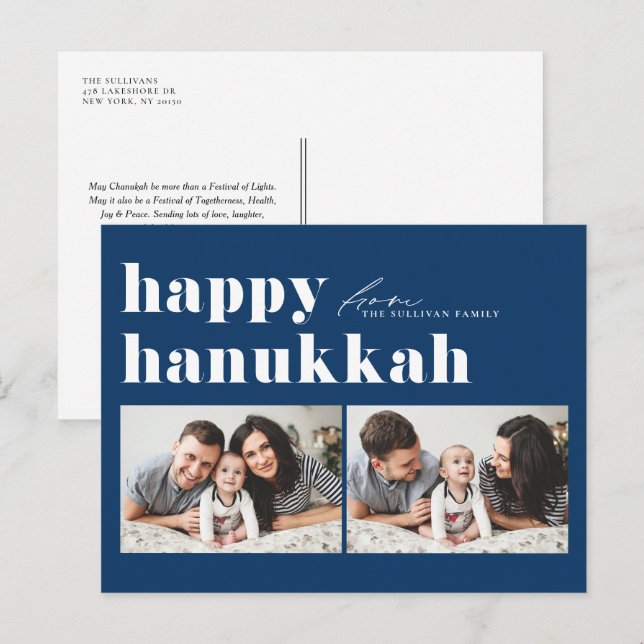 Blue Retro Typography Happy Hanukkah Two Photo Holiday Postcard (Front/Back)