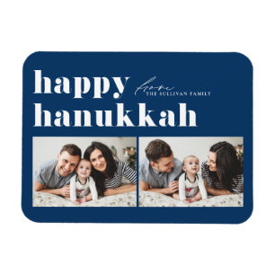Blue Retro Typography Happy Hanukkah Two Photo Magnet