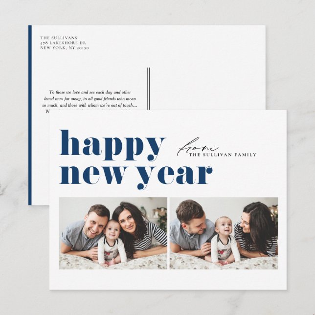 Blue Retro Typography Happy Holidays Two Photo Holiday Postcard (Front/Back)