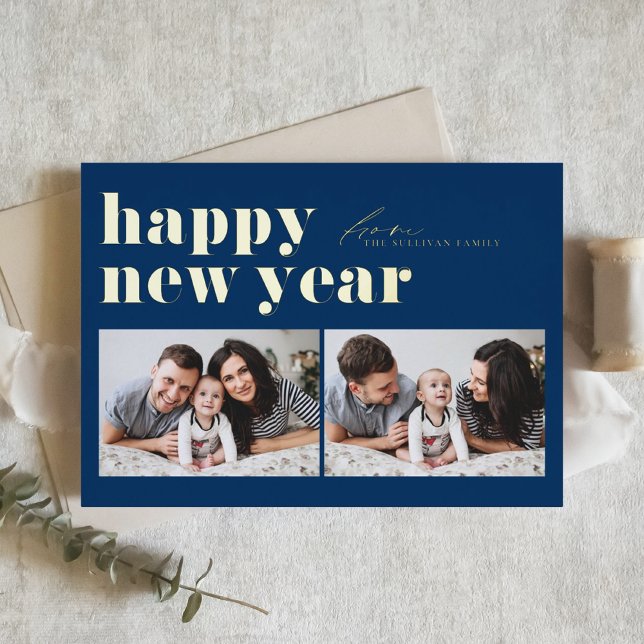 Blue Retro Typography Happy New Year Two Photo Foil Holiday Card (Creator Uploaded)