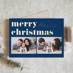 Blue Retro Typography Merry Christmas Two Photo Foil Holiday Card<br><div class="desc">Merry Christmas! Send your Christmas greetings to family and friends with this customisable photo Christmas card. It features retro bold typography. Personalise by adding your details. This gold foil Christmas card is available on other cardstock. Matching items are available.</div>